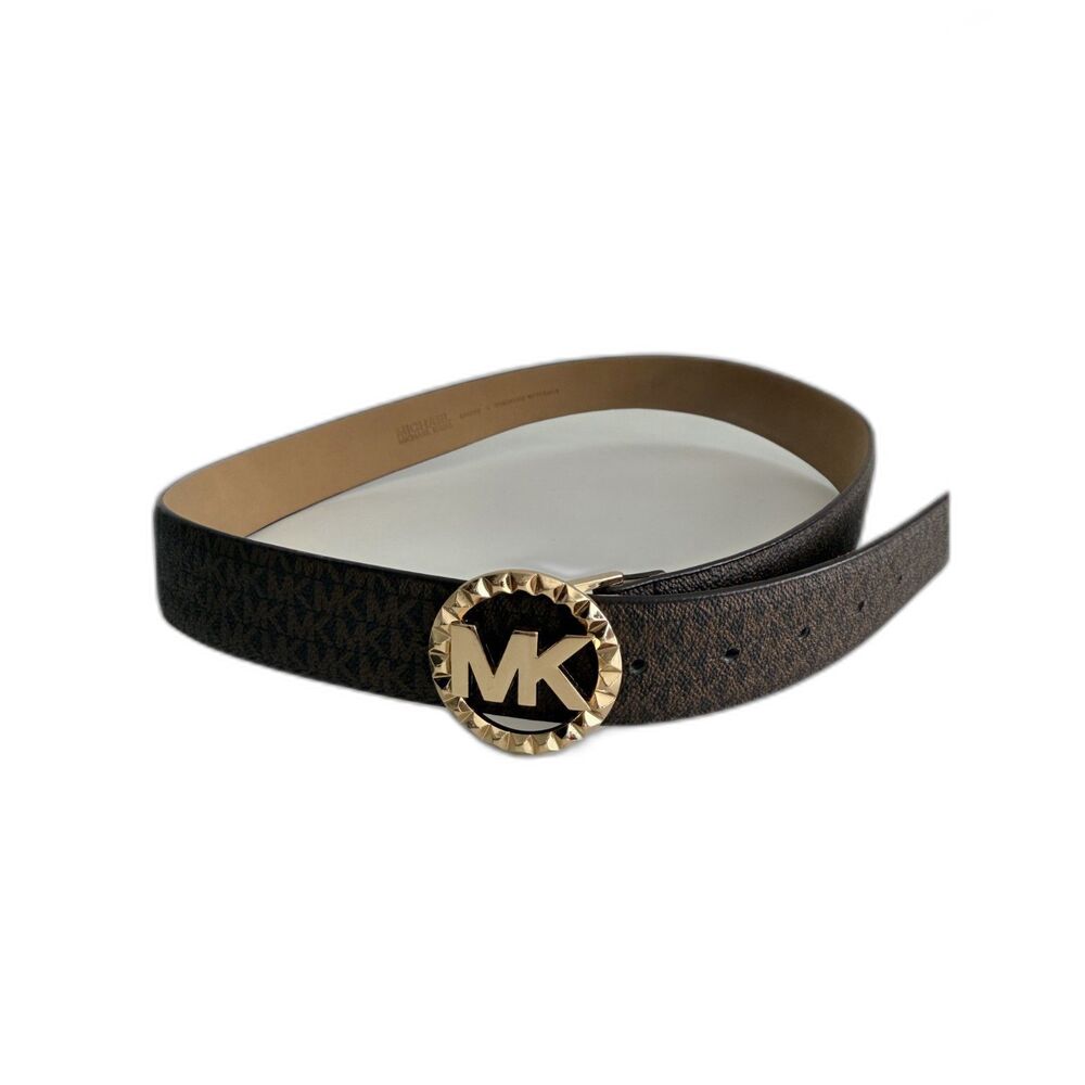 Michael Kors 556229C Brown MK Signature Logo Gold Buckle Belt Size L